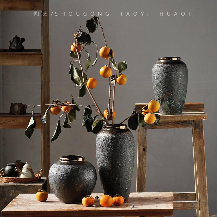 复古民宿陶罐花瓶陶瓷高级感客厅插花摆件日式粗陶中古侘寂风装饰
