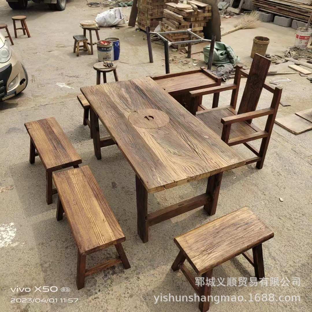 老榆木茶具实木茶桌椅餐厅饭店茶桌椅组合 老榆木家 风化木茶桌椅