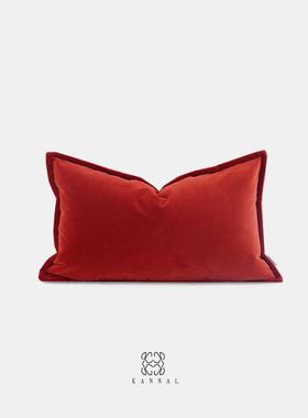 法式『日落巴黎』复古红色质感磨砂绒靠垫抱枕样板间别墅腰枕