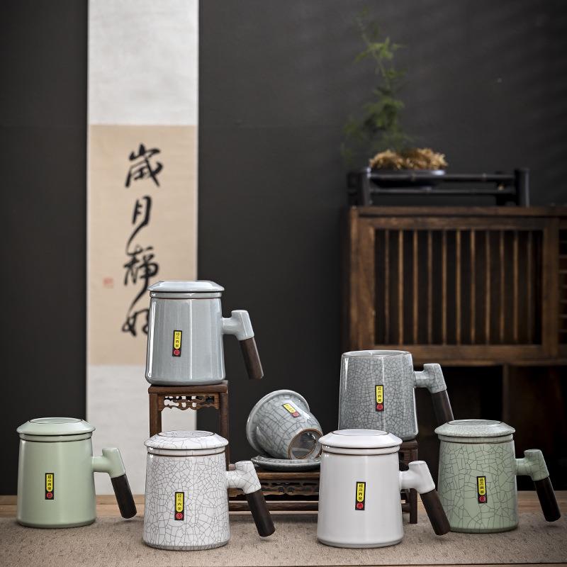 哥窑带盖过滤泡茶杯办公马克杯家用陶瓷喝茶杯个人专用杯子男送礼