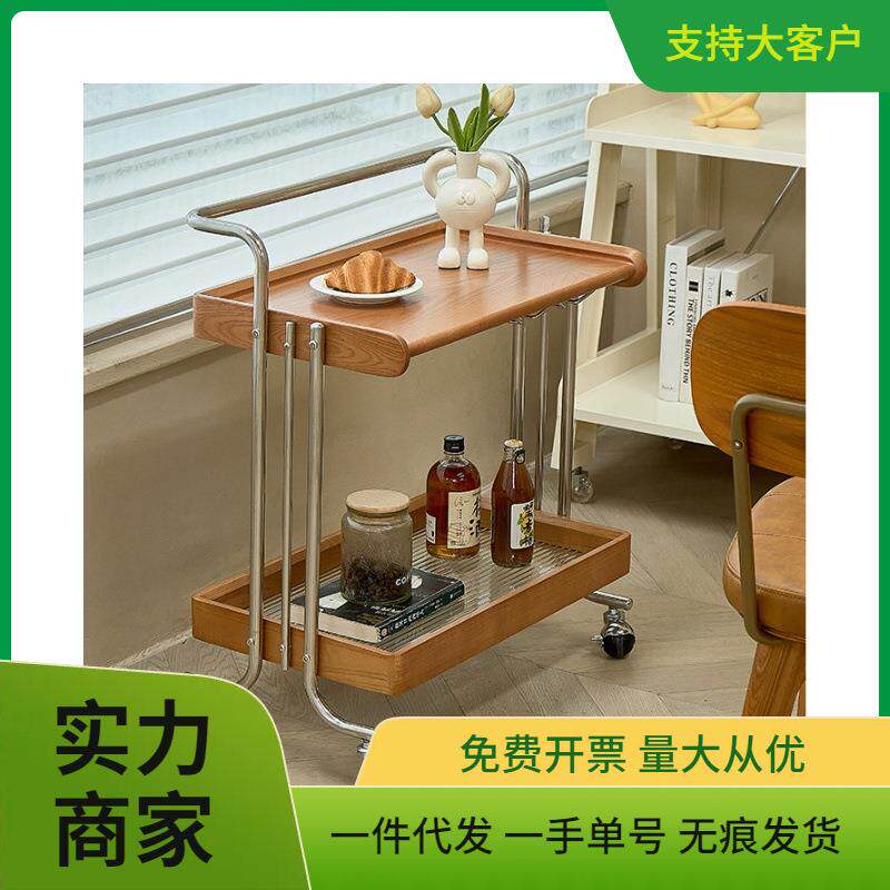 中古实木移动小推车沙发边几家用不锈钢角几复古双层收纳茶几现代
