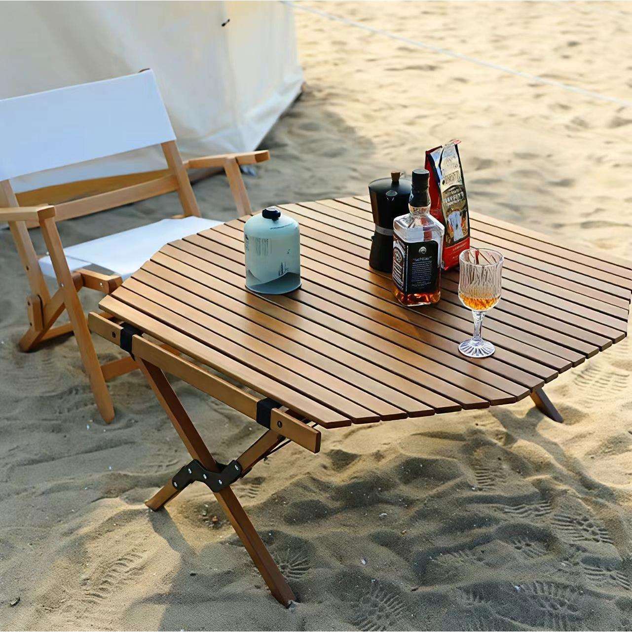 现货榉木八角蛋卷桌户外折叠桌椅套装便携式野营烧烤实木折叠桌子