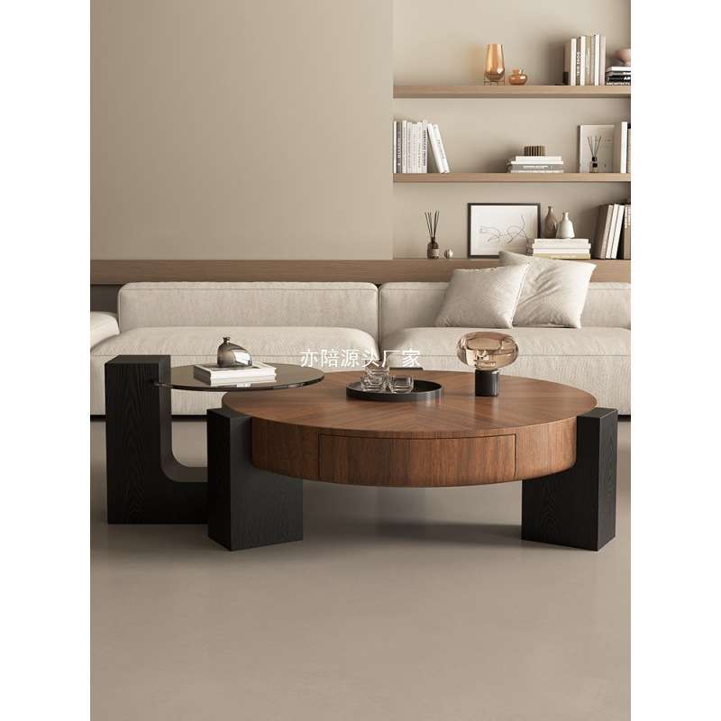 意式极简实木茶几组合客厅感设计师款圆形小户型个性茶桌家用