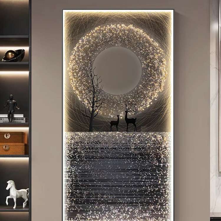led灯北欧麋鹿轻奢玄关装饰画高档现代简约晶瓷镶钻走廊过道挂画图片