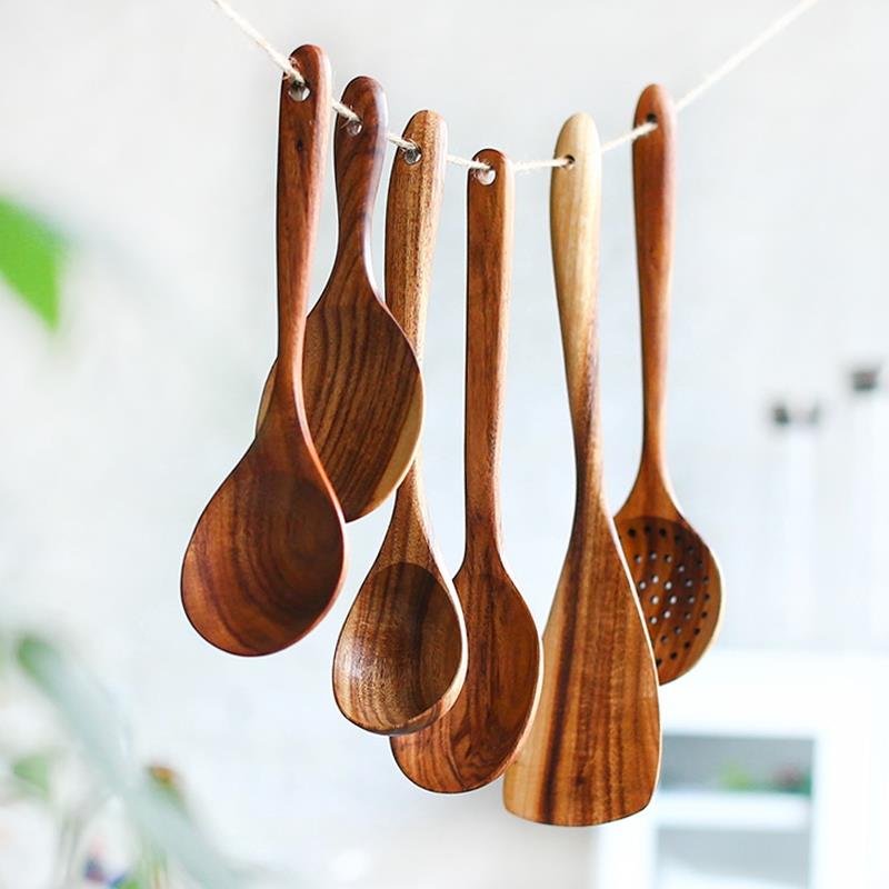 泰国柚木厨具长柄炒菜木铲子家用不粘锅专用木质煎铲饭勺汤勺漏勺