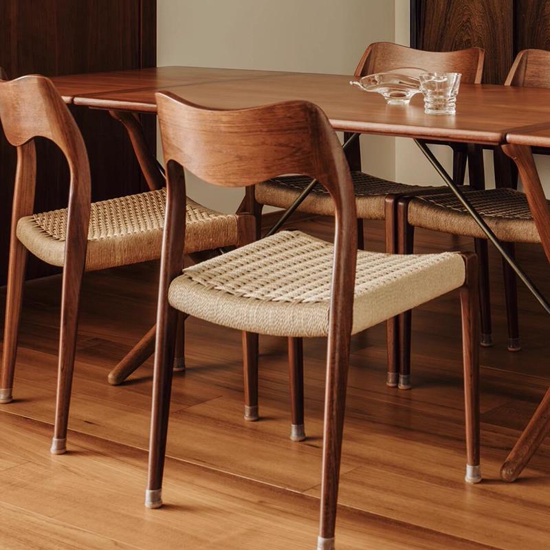 复中古风实木餐椅家用单人餐桌椅子靠背藤编咖啡餐厅新款凳子法式