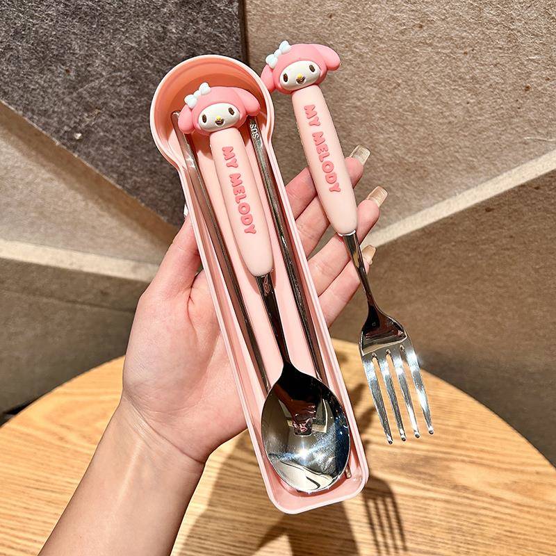三丽欧304不锈钢筷叉子勺子可爱卡通学生宿舍家用便携餐具盒套装