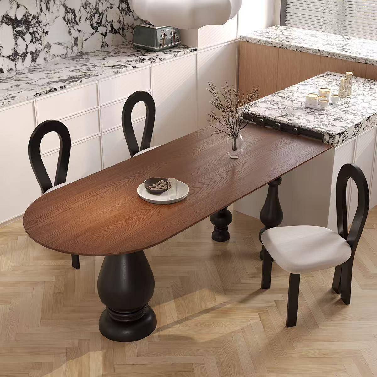 复古实木长方形设计师创意长桌法式中古风小户型家用半圆岛台餐桌