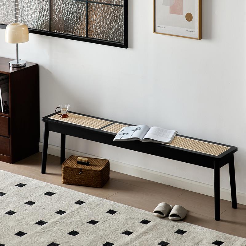 实木藤编昌迪加尔椅餐椅床尾凳家用入户门可坐长条凳子换鞋凳ins