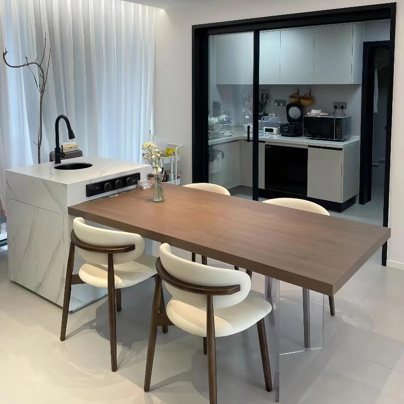 中古风全岩板岛台餐桌一体家用可伸缩带水槽可定制吧台桌厨房岛台