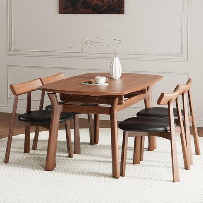 法式中古风白蜡木实木伸缩餐桌小户型方变圆桌胡桃色方圆两用餐桌