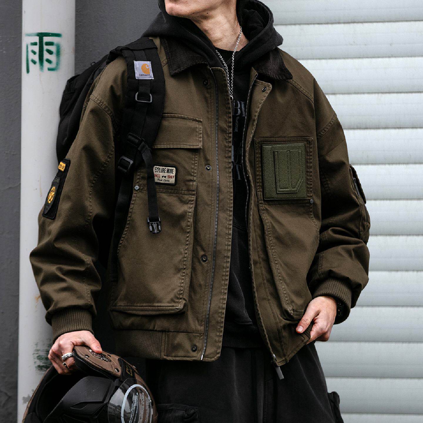 硬朗有型美式复古巴恩风徽章贴布工装夹克男春秋潮牌宽松外套
