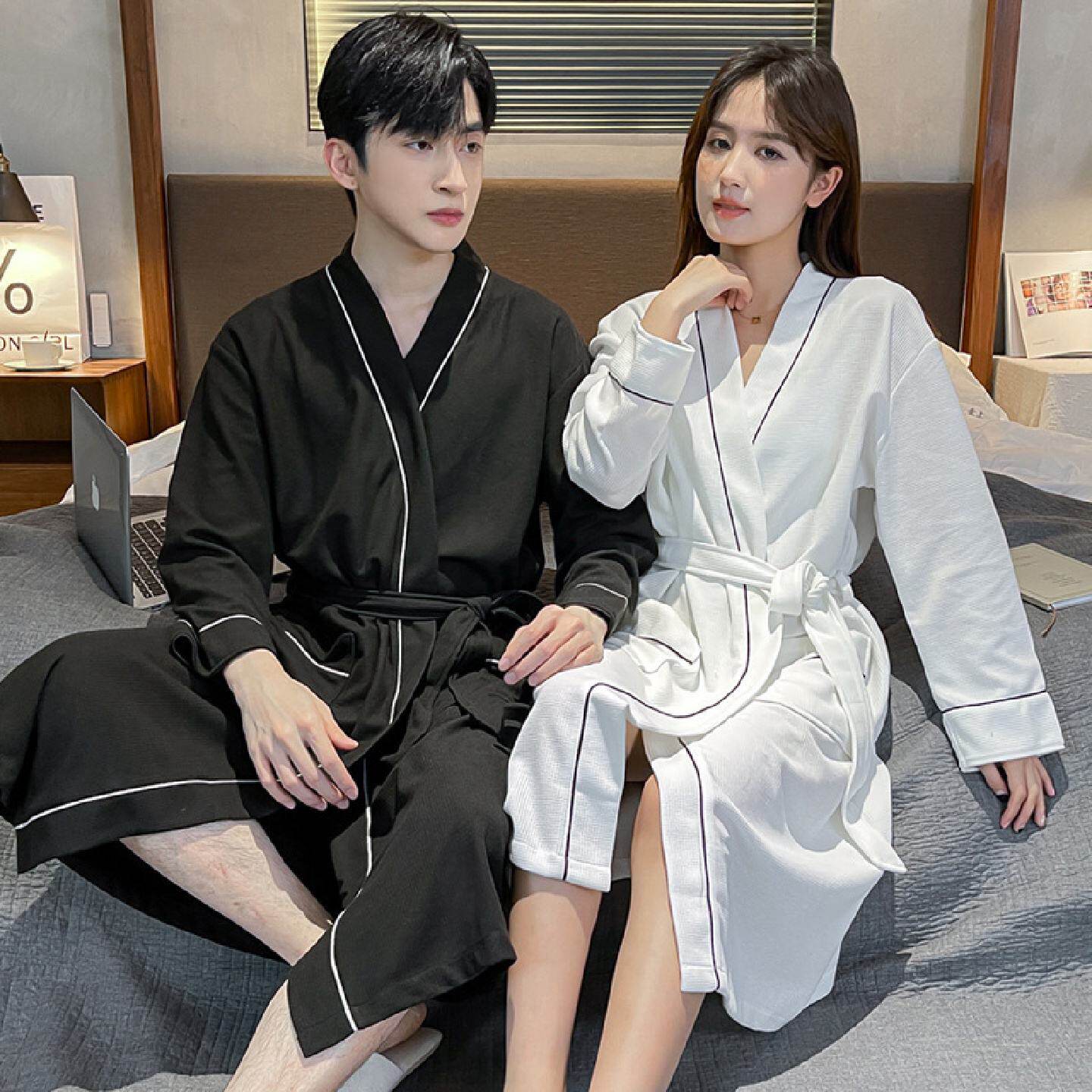 酒店风格情侣新款长袖女款睡袍春季纯色棉质华夫浴袍2024春秋季