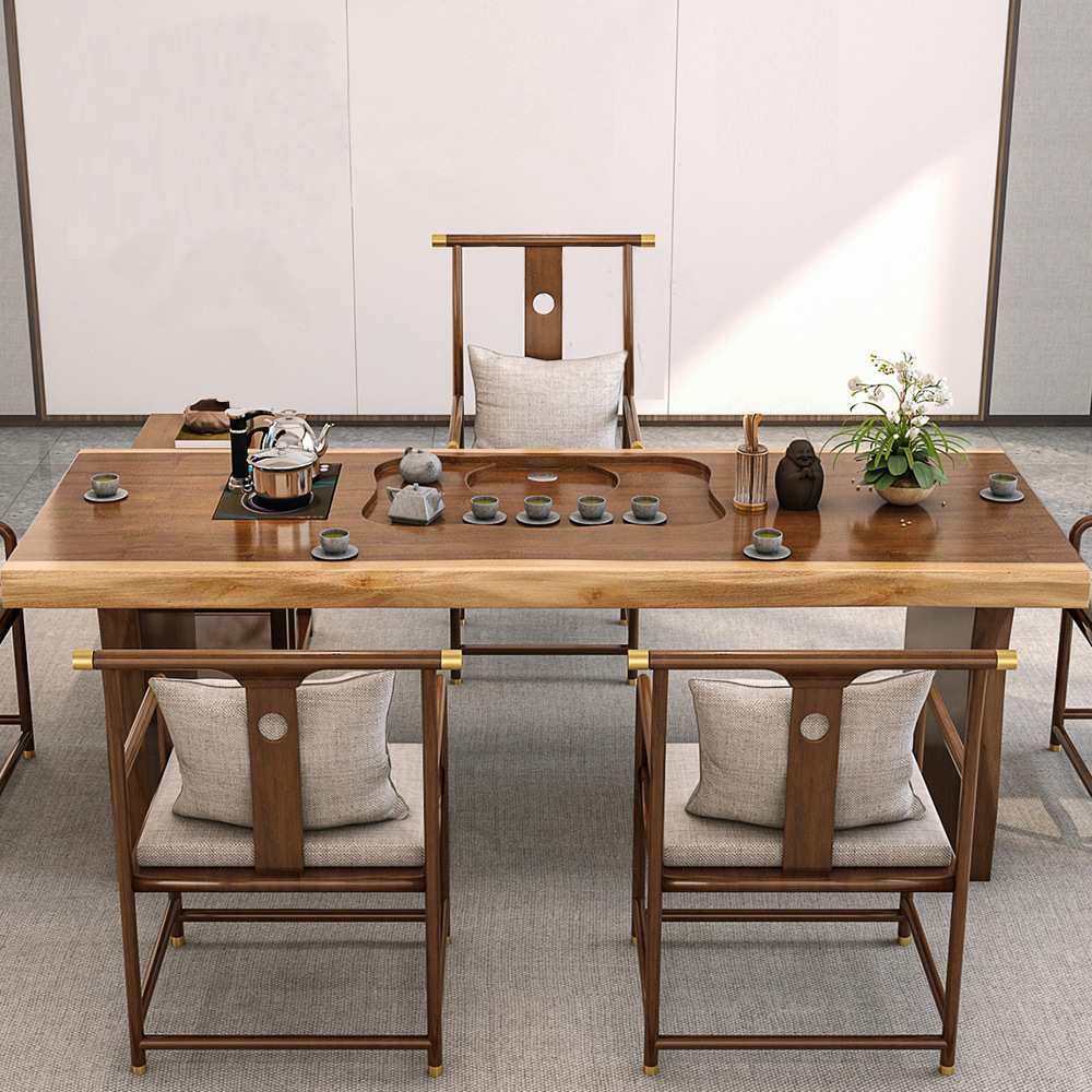 新中式实木大板茶桌办公室禅意会客功夫茶台家用休闲泡茶桌椅组合