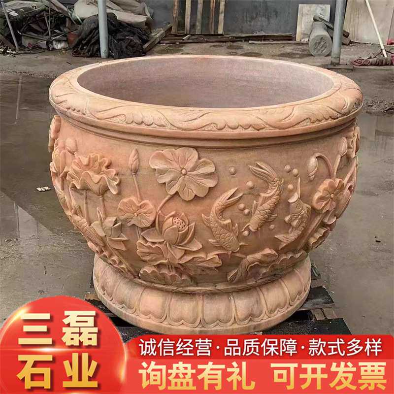 晚霞红石雕鱼缸庭院仿古石缸别墅仿古石雕青石荷花缸青石鱼缸石槽