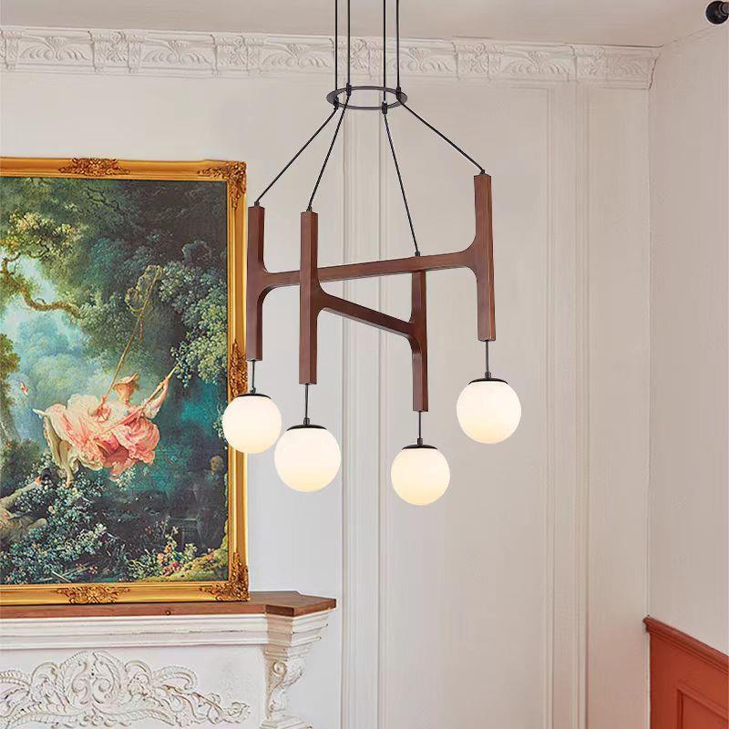 法式中古loft复式楼客厅吊灯侘寂风设计师实木楼梯餐厅魔豆分子灯