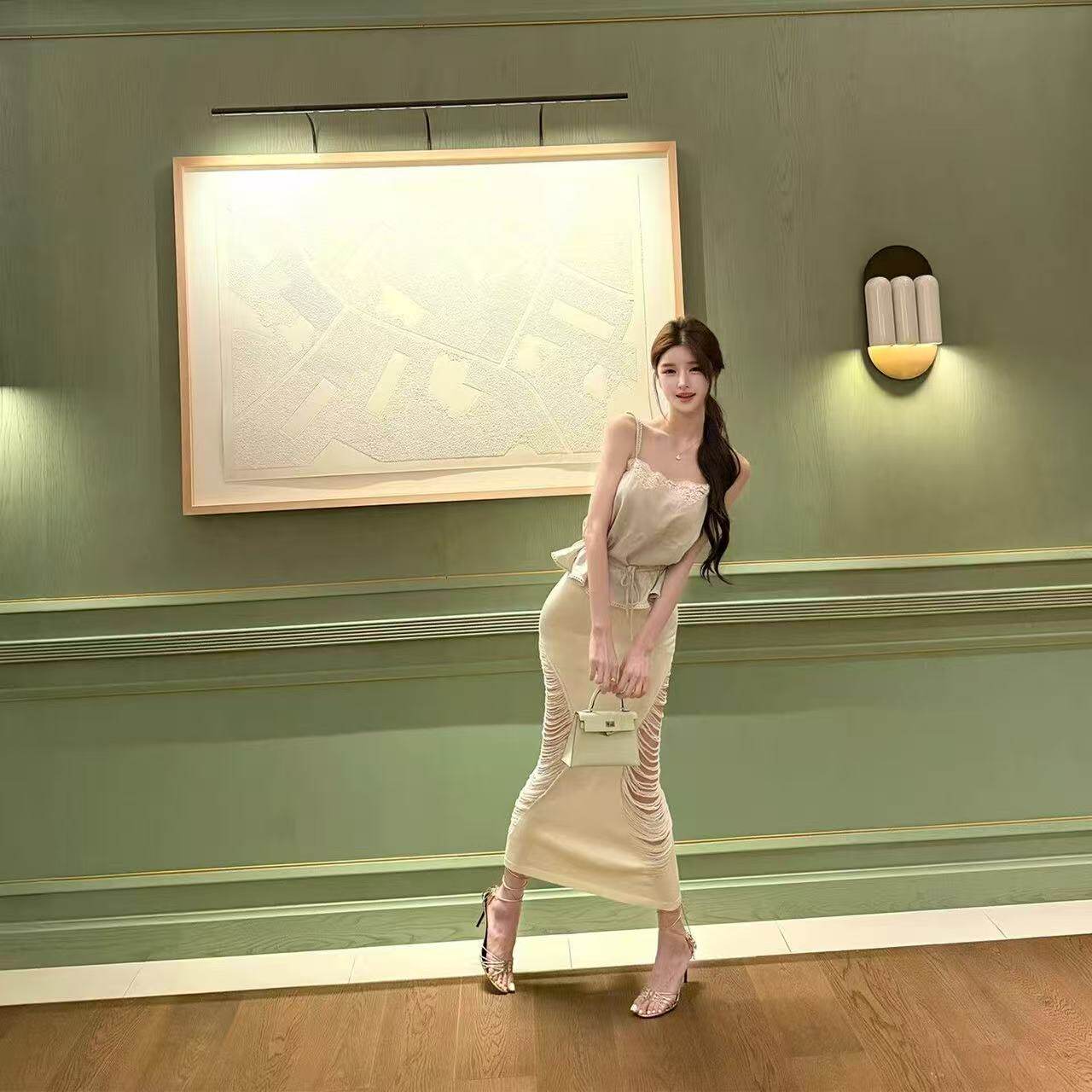 一颗Tian纯欲真醋酸蕾丝吊带套装
