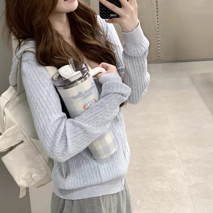 早秋连帽麻花宽松拉链毛衣开衫女