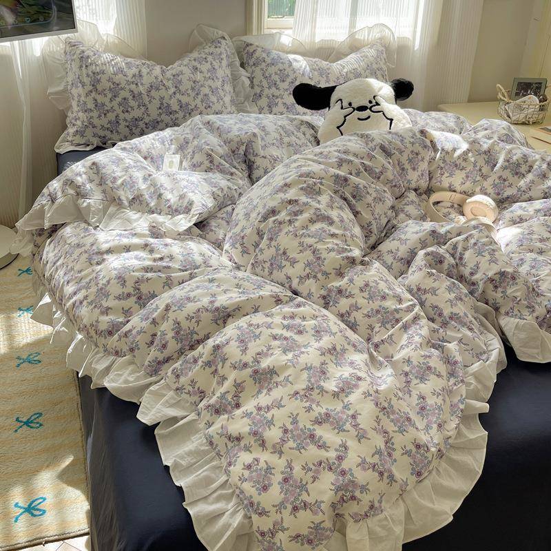 纯棉四件套全棉韩式博主风花边款小碎花被单被套学生宿舍三件套