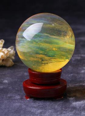 万雅水晶水晶球旋转底座高人熔炼水晶球应黄色熔炼水晶球摆件