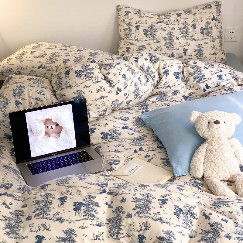 蓝色小清新柔软纯棉针织棉四件套全棉裸睡天竺棉床单被套1.8m床品