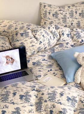 蓝色小清新柔软纯棉针织棉四件套全棉裸睡天竺棉床单被套1.8m床品