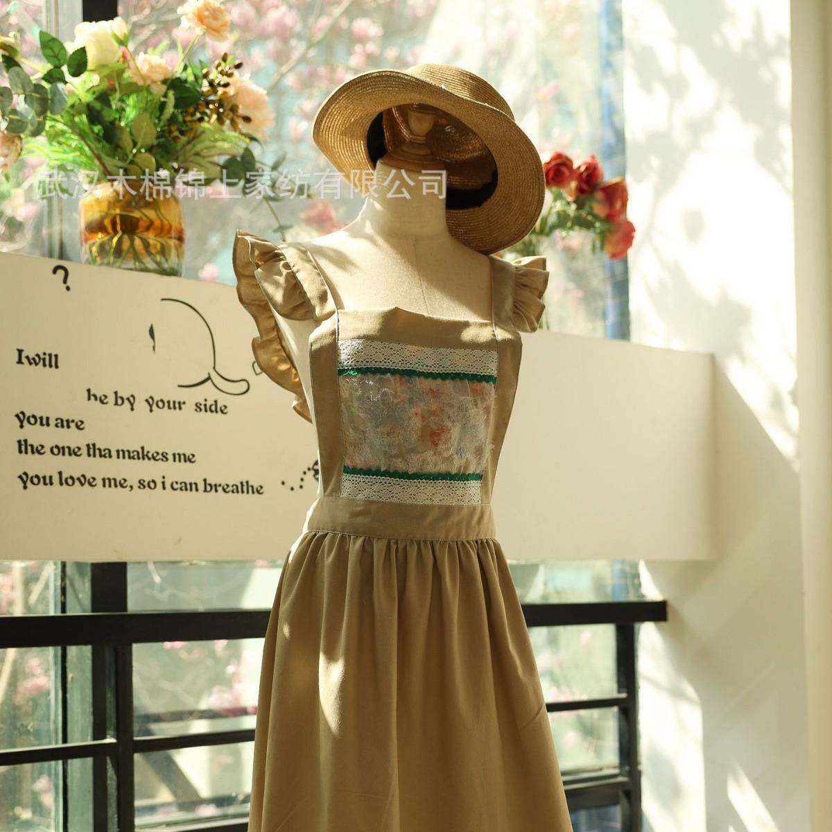 法式亚麻背后系带围裙胸前刺绣拼贴防油防污围裙