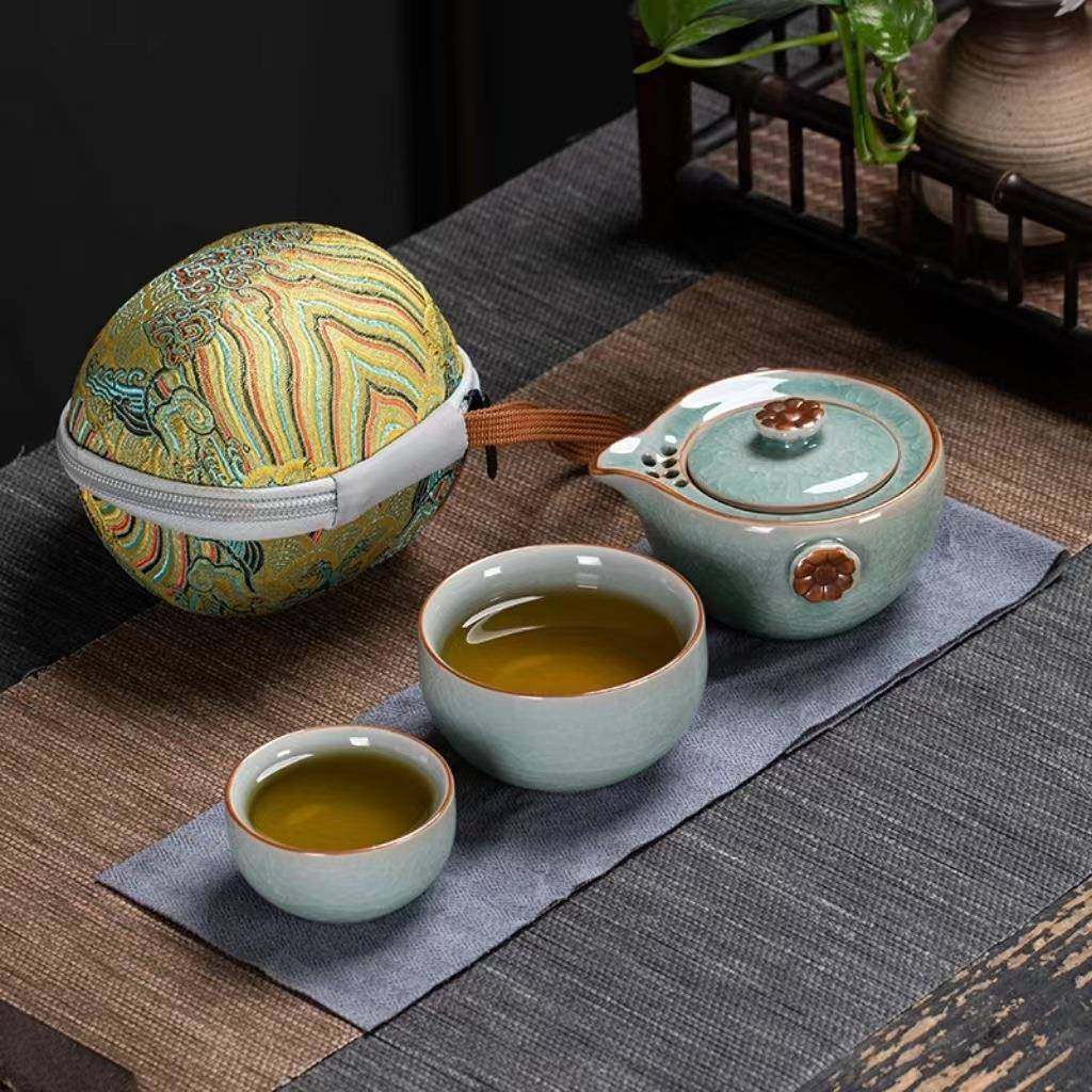 汝窑开片快客杯一壶二杯冰花旅行茶具户外泡茶杯陶瓷复古冰裂汝瓷