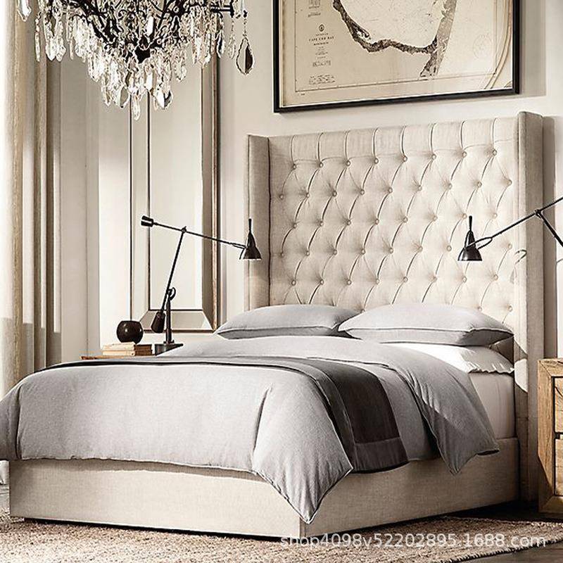 美式乡村北欧高档布艺床高靠背拉扣床中式简约现代样板房双人婚床