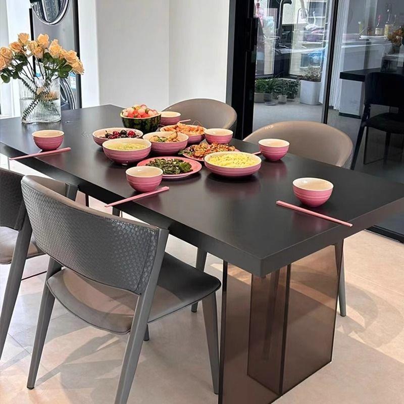 亚克力岩板餐桌纯黑轻奢现代简约家用小户型下挂长方形悬浮餐桌椅
