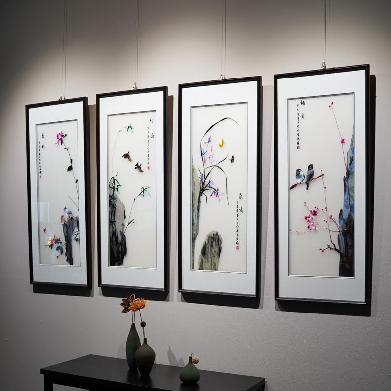 子刺绣四客厅装饰画屏四君电视墙梅兰竹菊沙发背景墙新中式条挂画图片