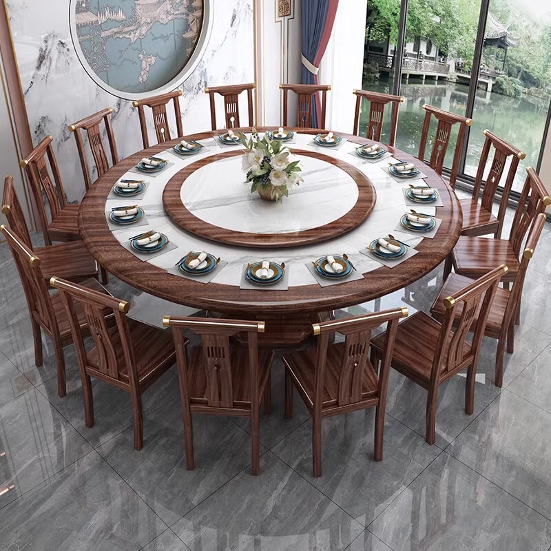 新中式岩板实木餐桌椅组合中式圆桌带转盘酒店饭店圆形饭桌