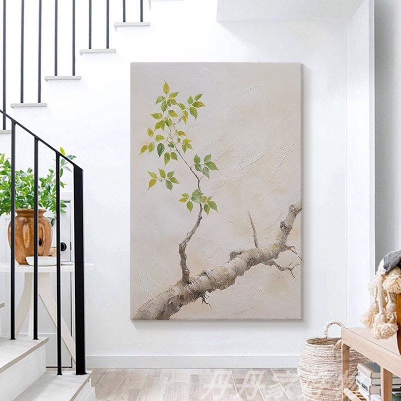 抽象极简树枝手绘油画客厅绿色叶子装饰壁画玄关侘寂风高级感挂画图片
