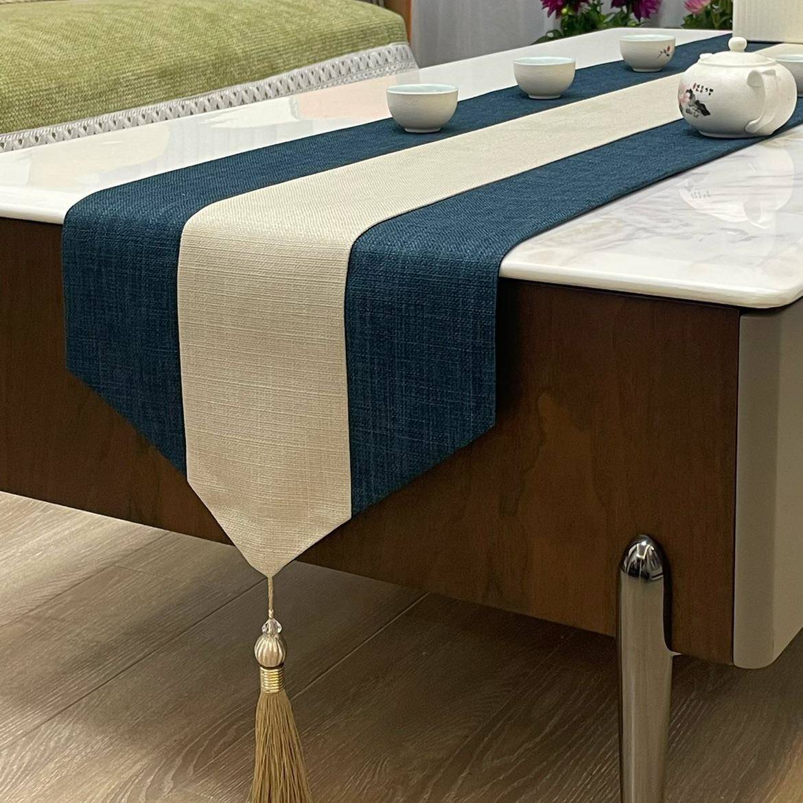 【折扣价】复古布艺中式桌旗现代简约棉麻拼色流苏长桌布茶几节日