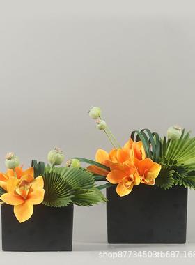 新中式日式橙色仿真花艺套装售楼部吧台洽谈桌茶几托盆餐厅摆件设