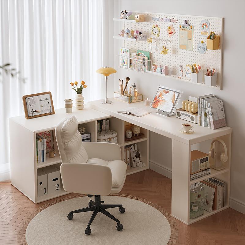 转角书桌家用学习桌子卧室女生梳妆台书柜一体实木l型拐角电脑桌