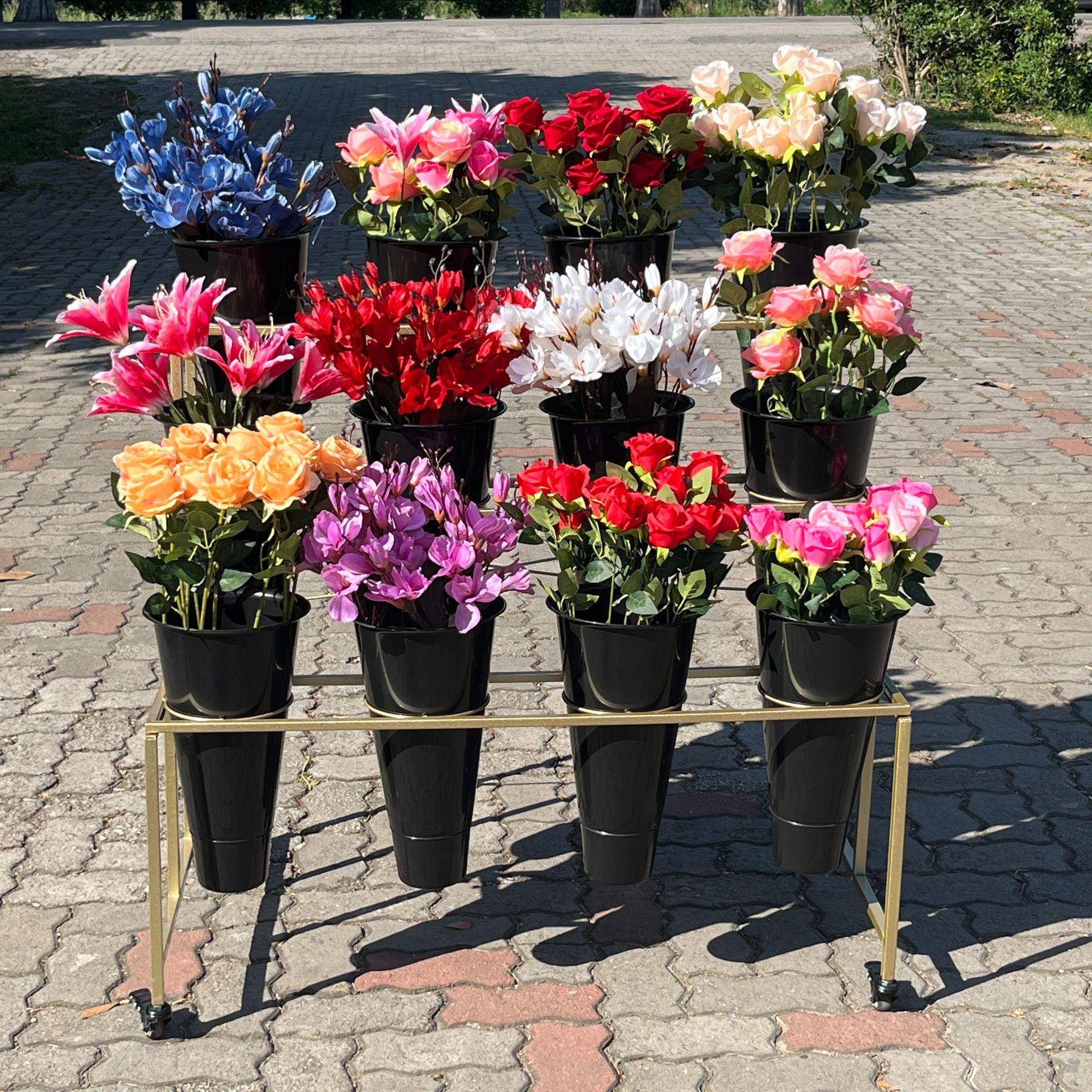 铁艺多层货架阳台花架落地式置物架摆件带万向轮鲜花桶架花架