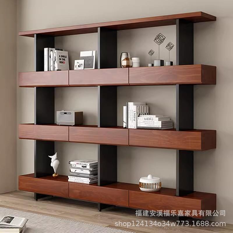 实木靠墙书架客厅铁艺置物架入户玄关隔断展示架落地书柜简约现代