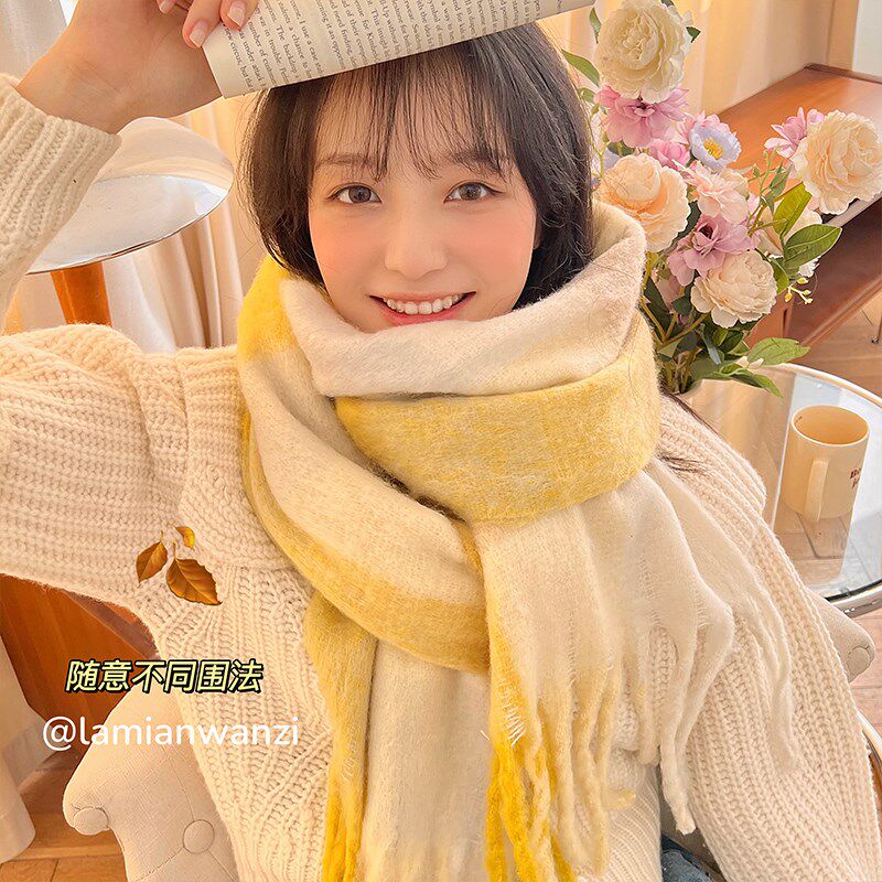 秋冬款保暖围巾女长款流苏韩版百搭淑女冬天简约撞色学生毛绒围脖
