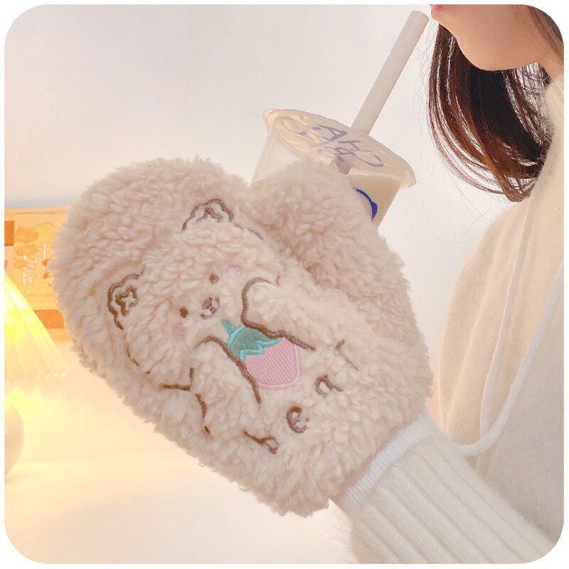 小熊棉手套可爱女生毛茸茸挂脖骑车情侣防寒保暖ins冬季毛绒手套