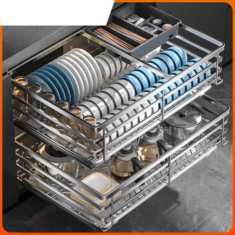 厨房橱柜调味拉篮双层抽屉式碗篮阻尼304不锈钢碗柜厨拉篮跨境