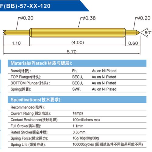 双头针BGA半导体测试针028BB/BF5.7L芯片顶针烧录高频针微针金针