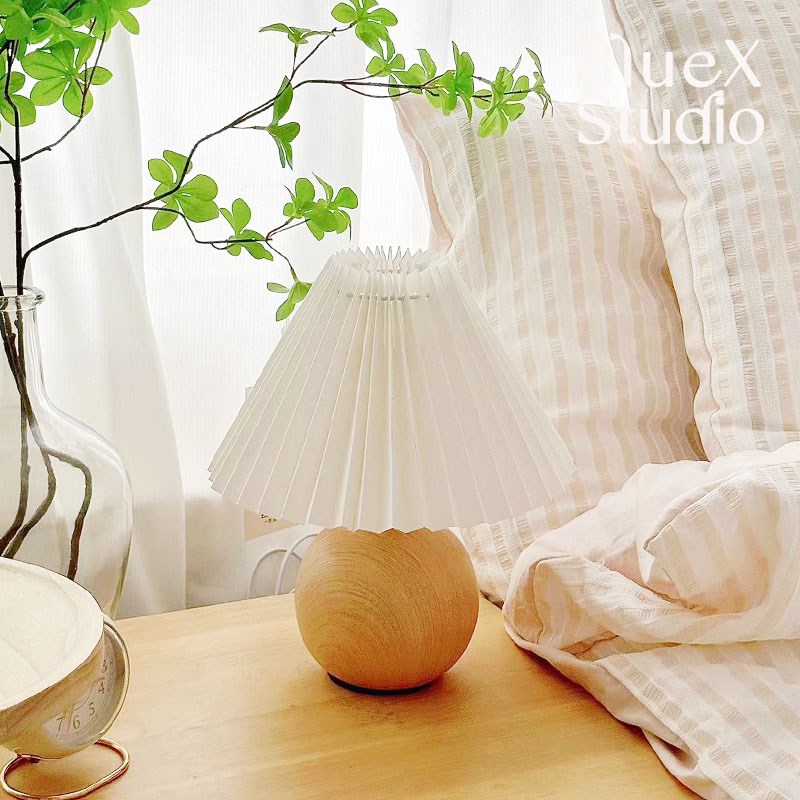 台灯床头灯卧室百褶复古实木书房起夜G夜灯温馨浪漫桌面装饰氛围