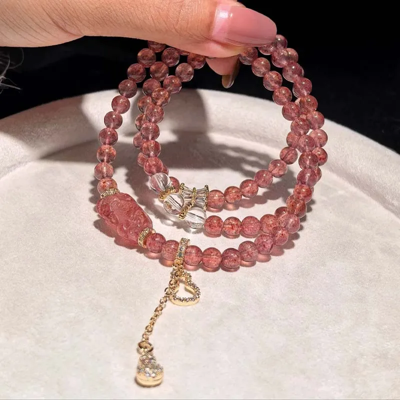 「缠桃络」天然草莓晶貔貅多圈水晶手串设计感葫芦吊坠水晶手链,饰品/流行首饰/时尚饰品新,手链,淘宝优惠券,粉丝福利购,淘宝优惠卷
