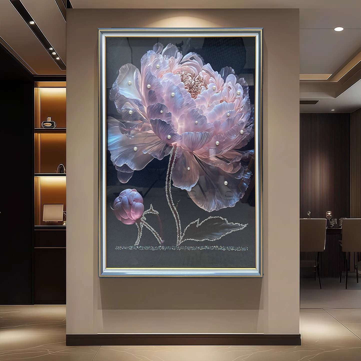 钢化玻璃轻奢镶钻光影牡丹睡莲花开富贵客厅挂画牡丹花朵装饰画图片