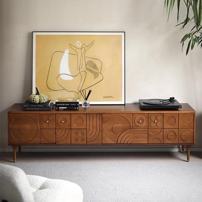 YD马德里电视柜复古雕花储物柜实木黄杨木小户型客厅中古收纳柜