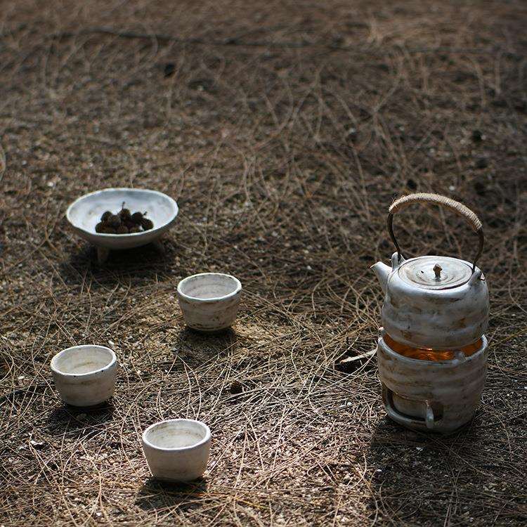粗陶手作茶具套装 提梁壶温茶炉茶杯点心盘 创意民宿客栈茶器日用