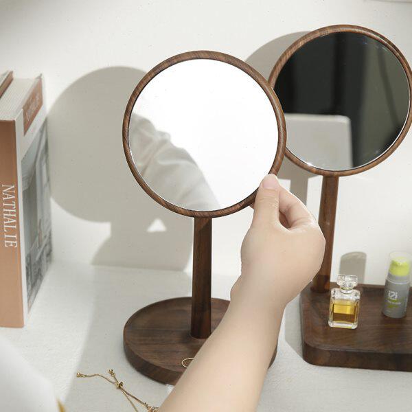 圆形梳妆台实木大镜公主化妆镜创意桌面面家用台式镜子高清收纳镜