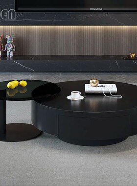现代轻奢黑色岩板l圆形茶几组合客厅家用意式极简小户型实木茶几