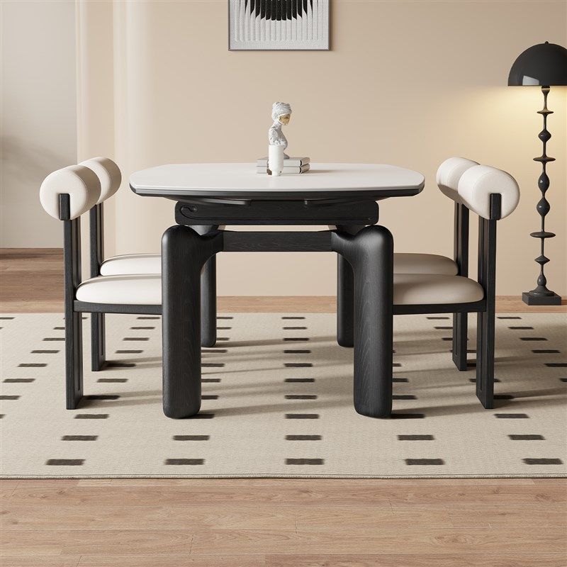 法式复古风大象腿实木岩板伸缩餐桌可变圆桌折叠T两用小户型饭桌